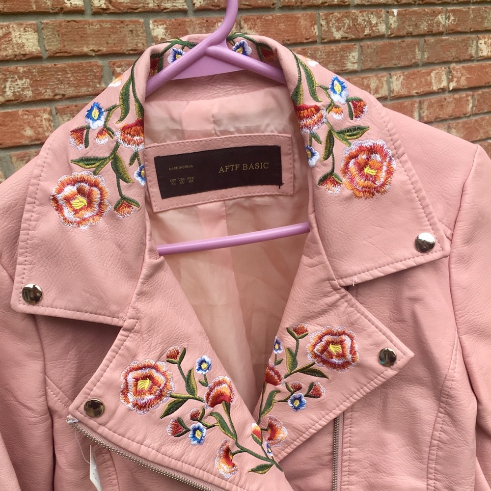Vegan Leather Embroidered Rose Moto Jacket